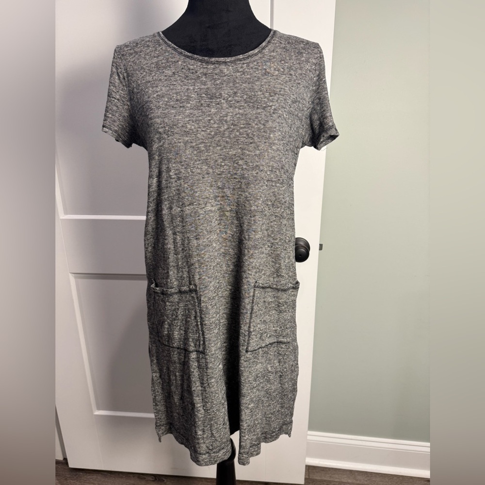 Eileen Fisher T-Shirt Dress XS Hemp cotton Striped Pockets Short Sleeve Gray